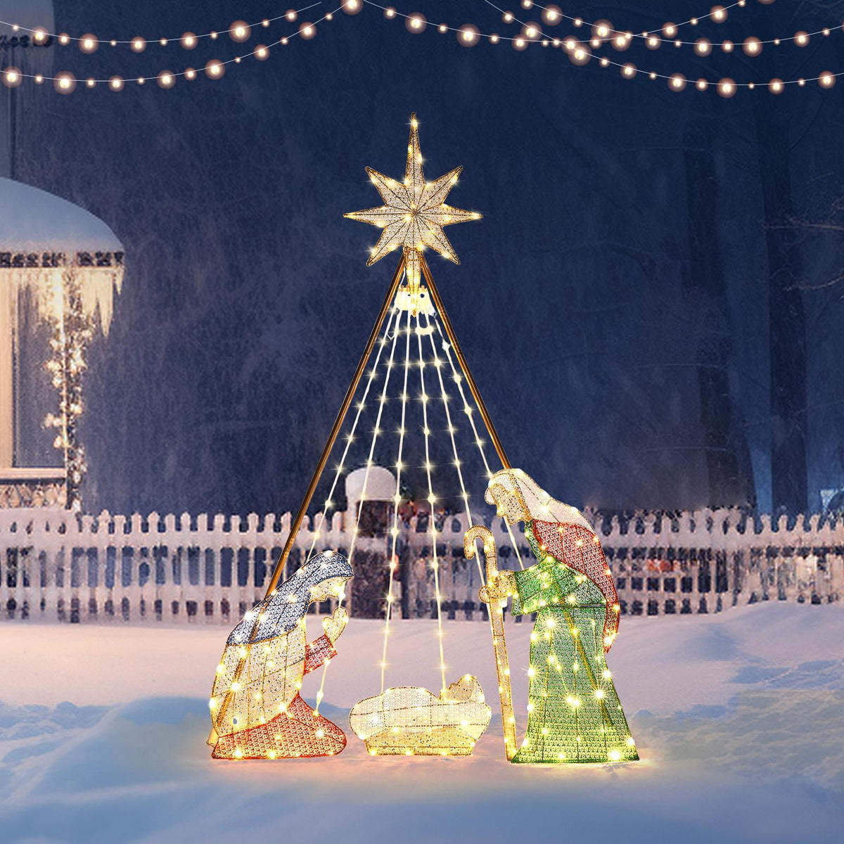 Zimtown 6ft Outdoor Nativity Scene Christmas Lighted Nativity Jesus Decoration w/190 LED,Brown Roof