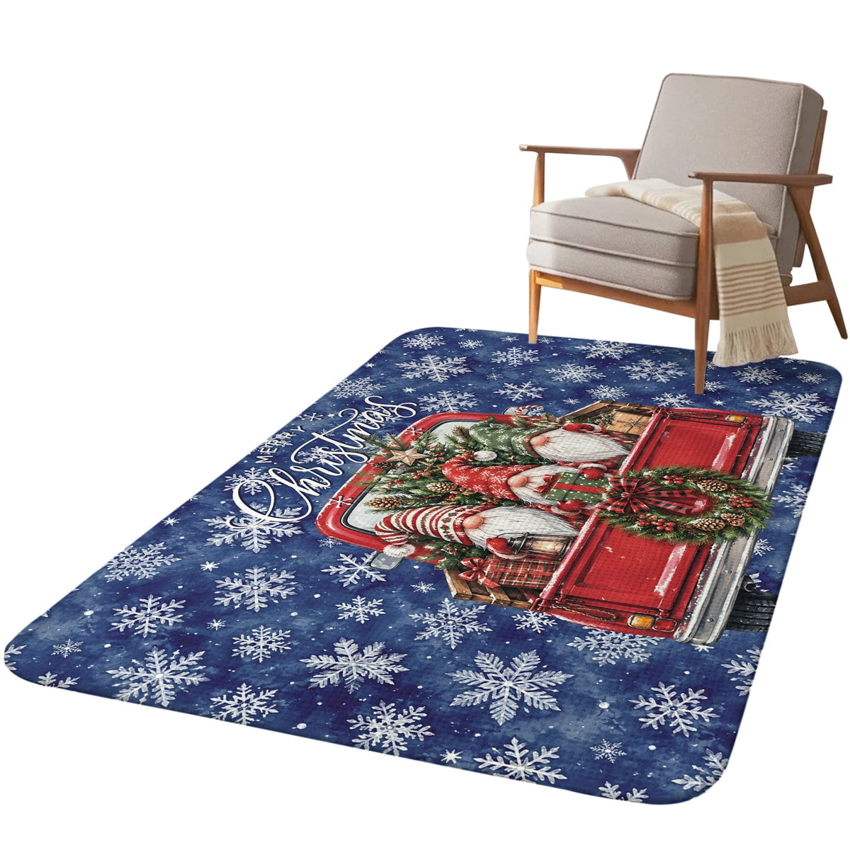Red Truck Christmas Washable Area Rugs for Living Room Bedroom, Large Non Slip Indoor Floor Carpet Absorbent Xmas Tree Gnomes Navy Blue Snowflake Door Mat Rugs for Bathroom Entryway 63"x90.6"