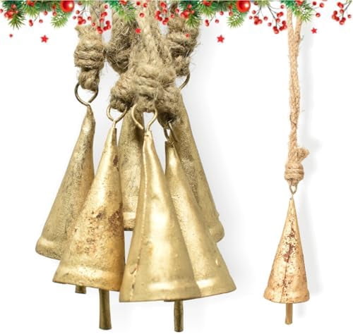 Christmas Bells for Decoration –Set of 6 Rustic Cow Bells for Hanging with Jute Rope – Gold Bells for Crafts - Tree Decoration Ornaments