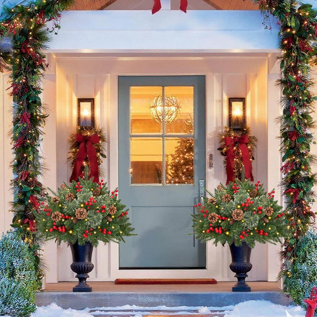 Ikfashoni 2 Pack Christmas Urn Filler, 26 in Pre-lit Outdoor Christmas Tree with Remote, Artificial Christmas Porch Pathway Decoration