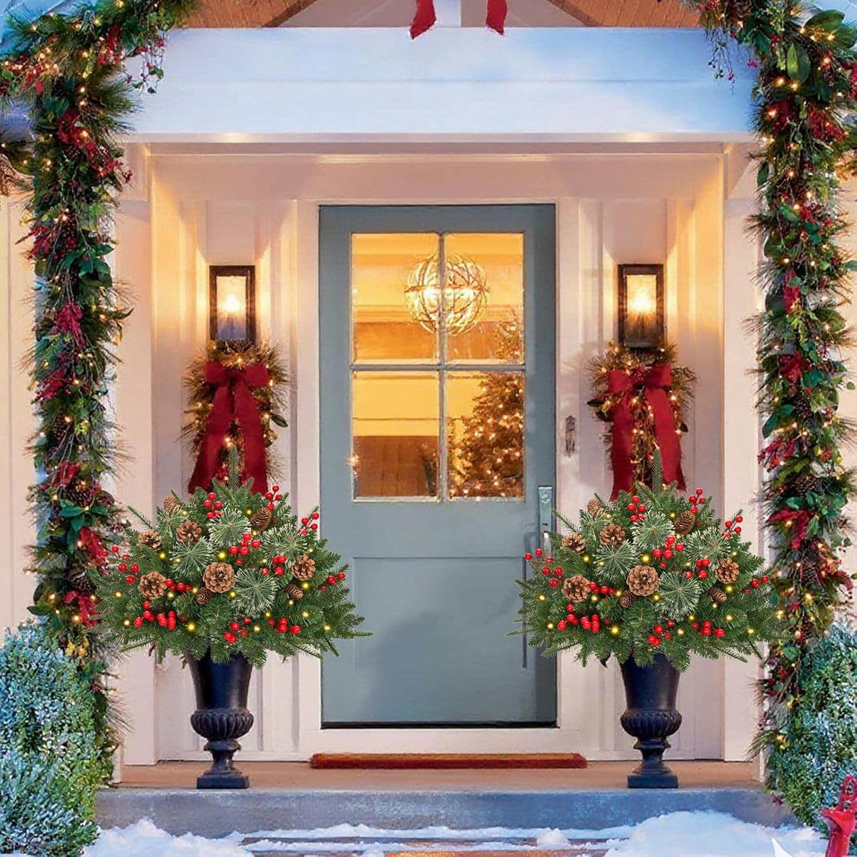 Ikfashoni 2 Pack Christmas Urn Filler, 26 in Pre-lit Outdoor Christmas Tree with Remote, Artificial Christmas Porch Pathway Decoration