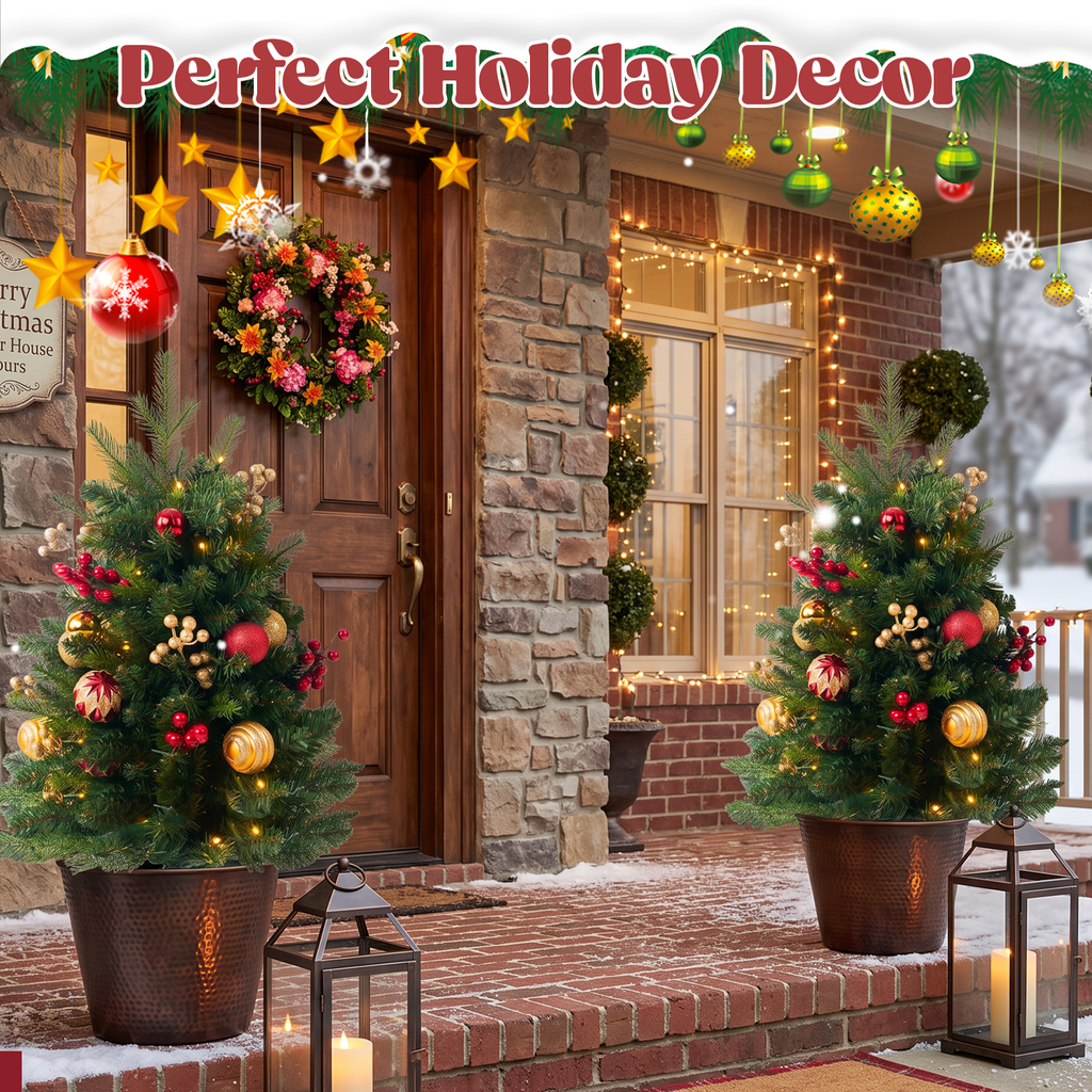 2 Pack 30 inch Prelit Outdoor Christmas Tree, Small Pre-Decorated Green Xmas Tree with Cones & Red Berries, 30 Warm Lights, Urn Filler Holiday Decor for Entrance Driveway, Yard, Garden