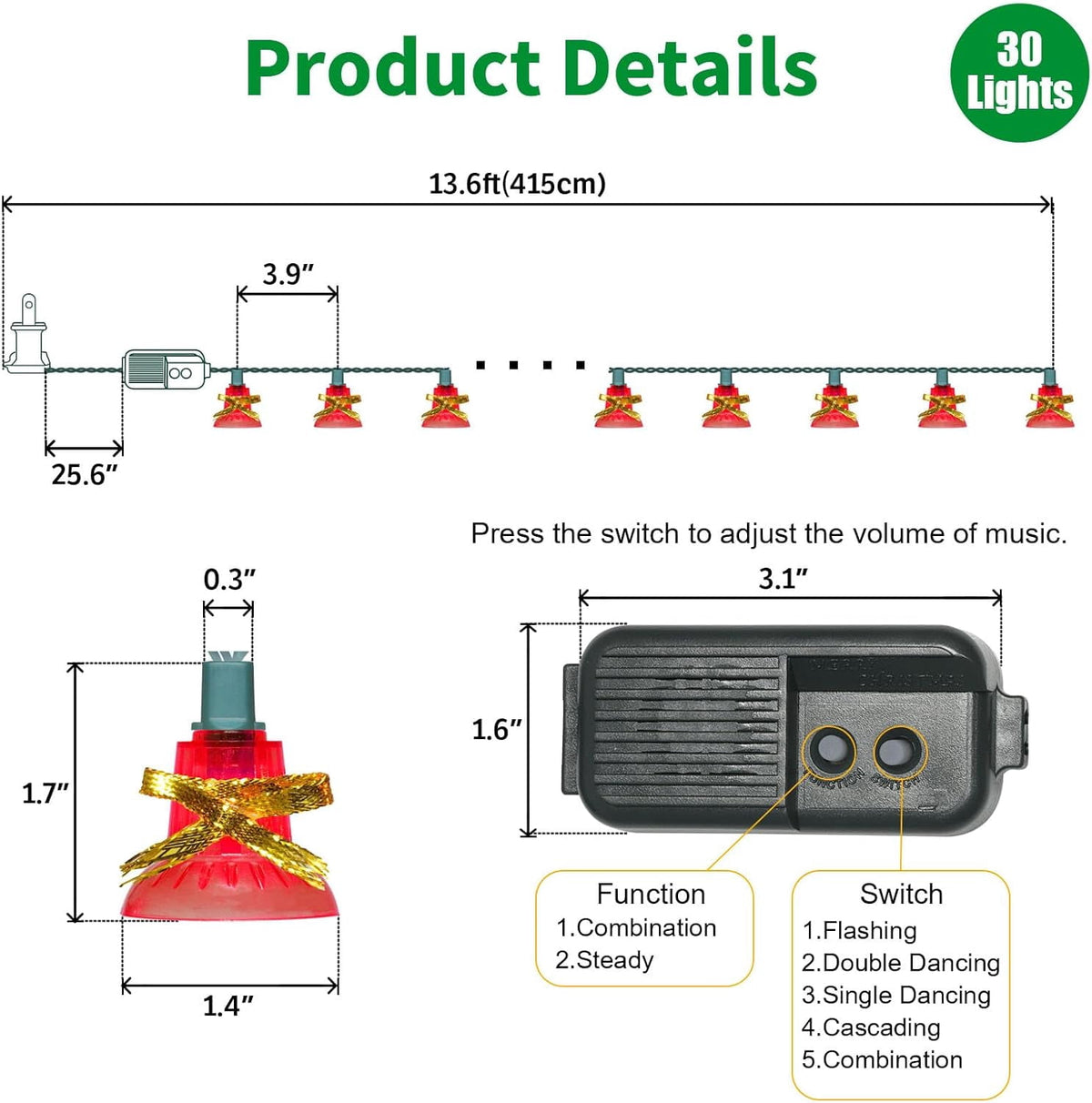 30 Lights Christmas Musical Bell String Lights, 25 Classical Holiday Songs, 7 Functions Red Incandescent Bulb Green Wire Light with Red Bells for Indoor Xmas Tree Decorations
