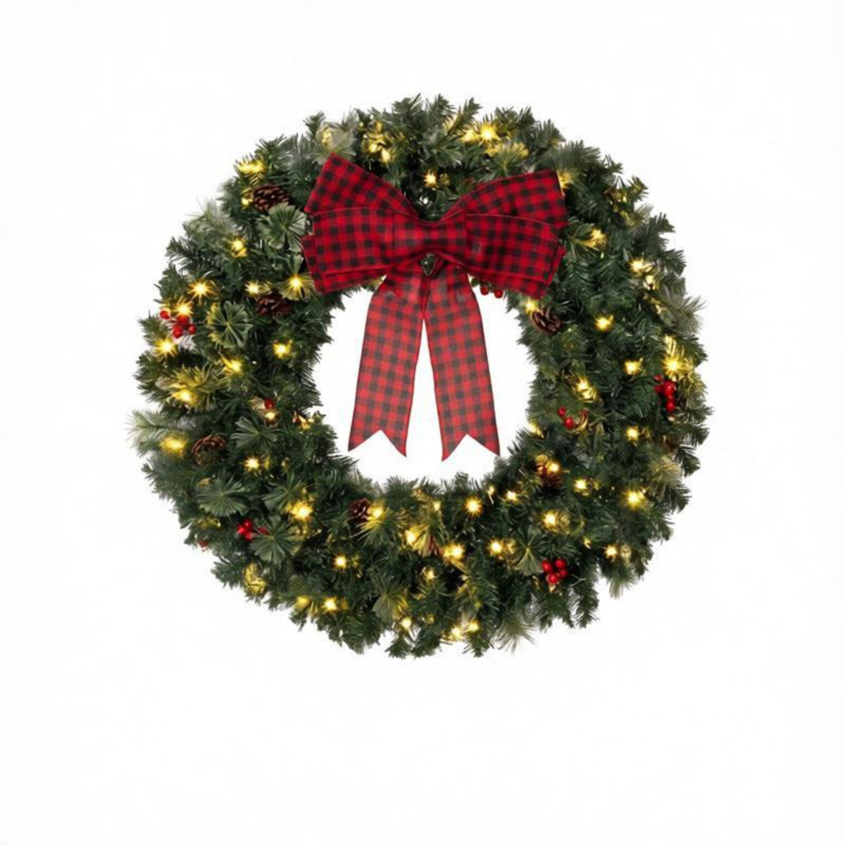 Pre-Lit Christmas Wreath with 100 Warm White LED Lights, 8 Lighting Modes, Berries, Pinecones, and Buffalo Plaid Bow, 36 in