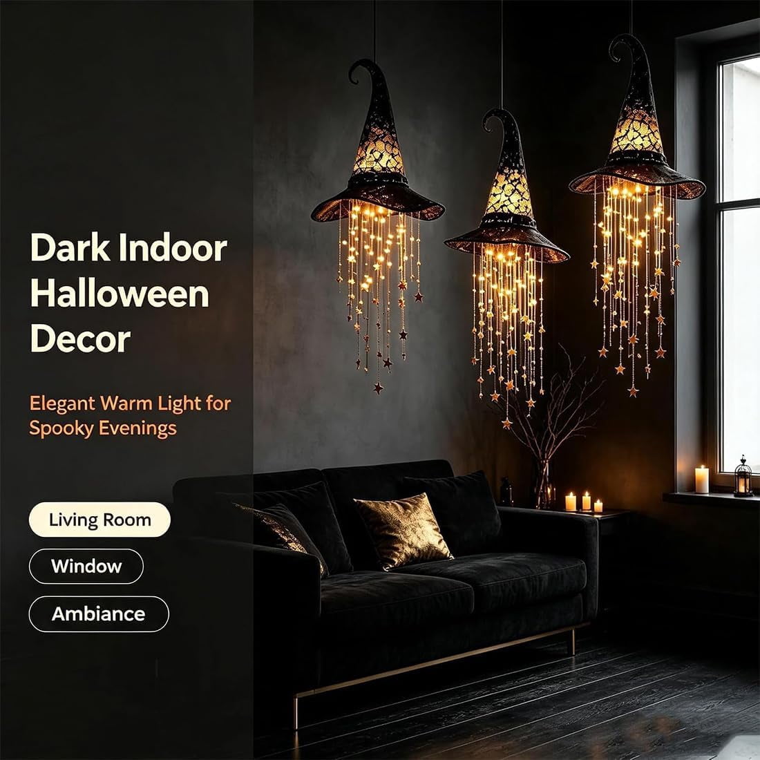 Hanging Witch Hats with Lights - Lighted Black Mesh Witch Hat Chime with Glowing Star Garland for Porch, Tree, Window
