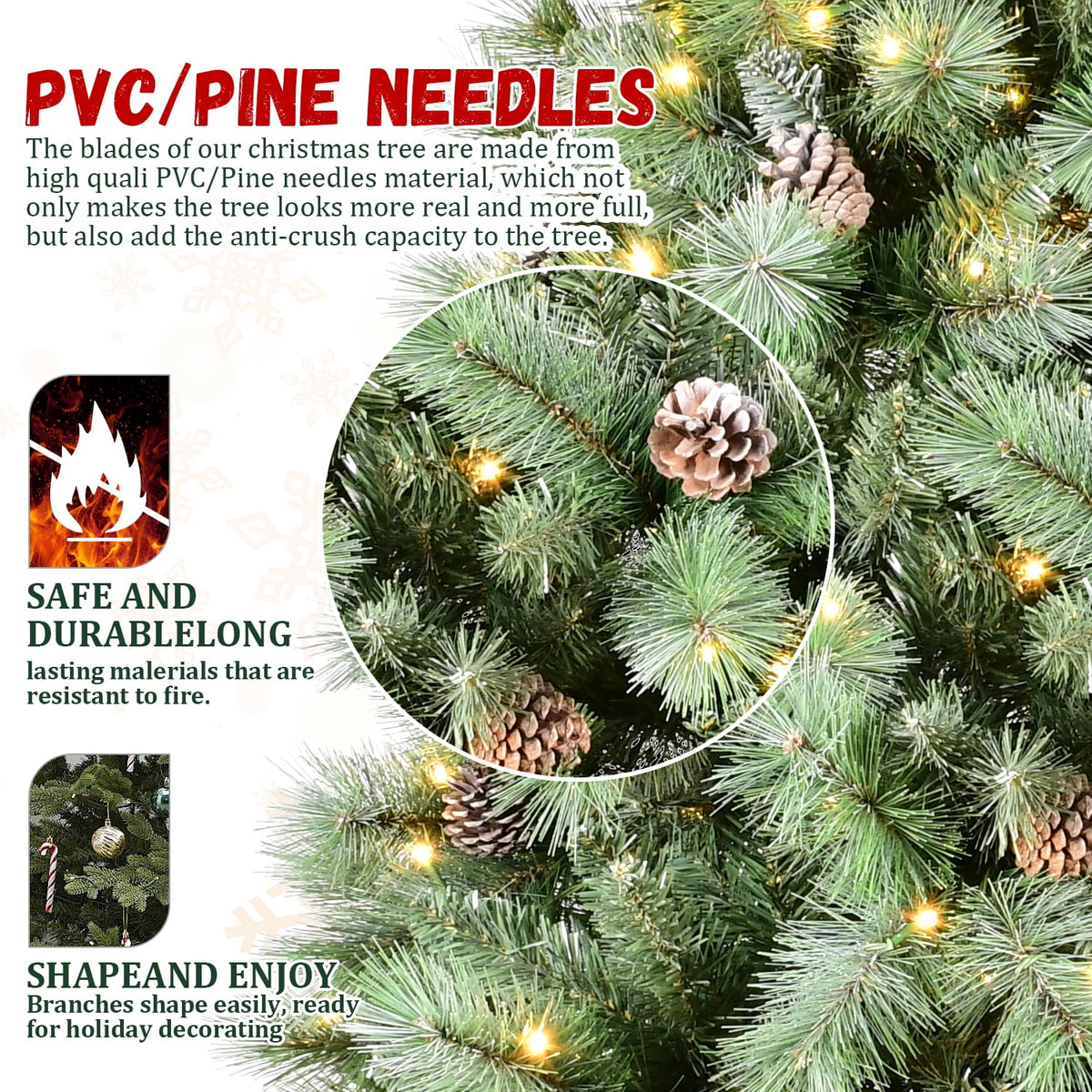 Acpouw 6FT Christmas Tree with 300 Warm White LED Lights – 988 PVC & Hard Needle Tips, 66 Pine Cones, Hinged Branch Design, Sturdy Metal Stand – Full Realistic Holiday Tree