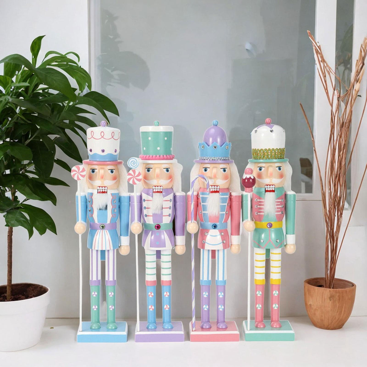 4 Pieces Christmas Nutcracker Ornaments Wooden Nutcracker Doll Decorative Statues Puppet for Shelves Home Decor Festival Xmas Gifts Holiday M