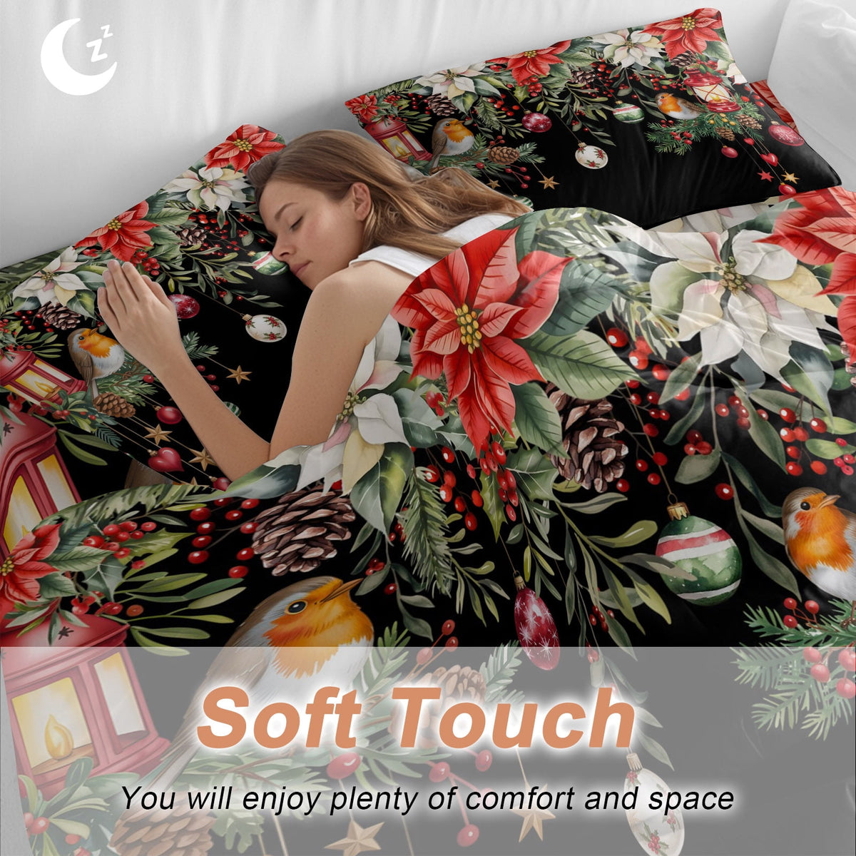 Black Christmas Bedding Duvet Cover Set Full Size 4 Pieces Xmas Poinsettia Balls Botanical Birds Bedding Set with Zipper Closure, 1 Comforter Cover 86x90 Inches 1 Flat Sheet & 2 Pillow Cases