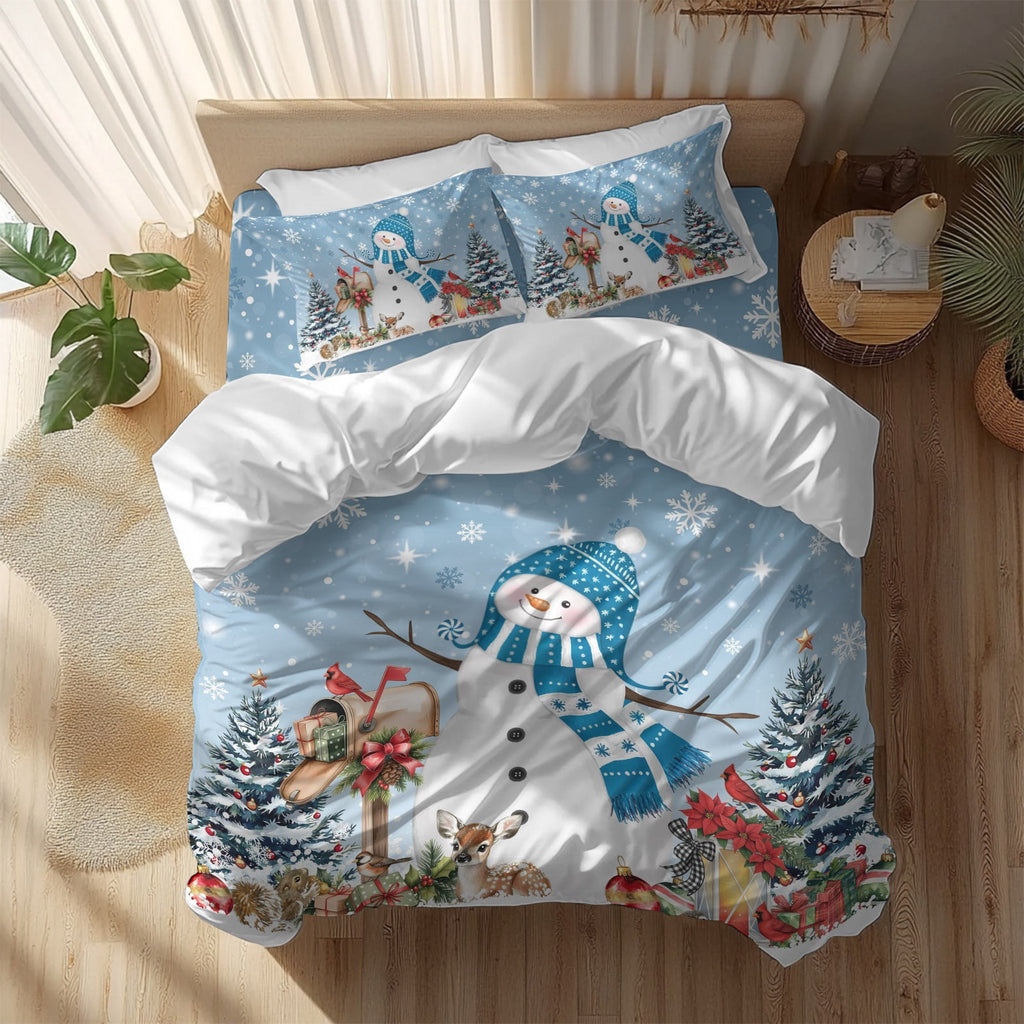 Blue Christmas Snowman Bedding Duvet Cover Set Twin Size 4 Pieces Xmas Tree Elk Balls Snowflake Bedding Set with Zipper Closure, 1 Comforter Cover 68x90 Inches 1 Flat Sheet & 2 Pillow Cases