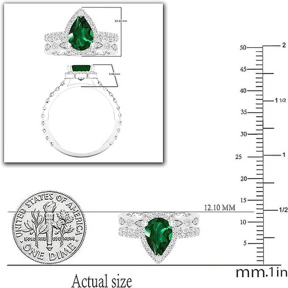 Divine Creation 14K White Gold Plated 2.50 Ct Pear Cut Green Emerald Christmas Thanksgiving Wedding Bridal Ring Set 925 Sterling Silver For Women's -10