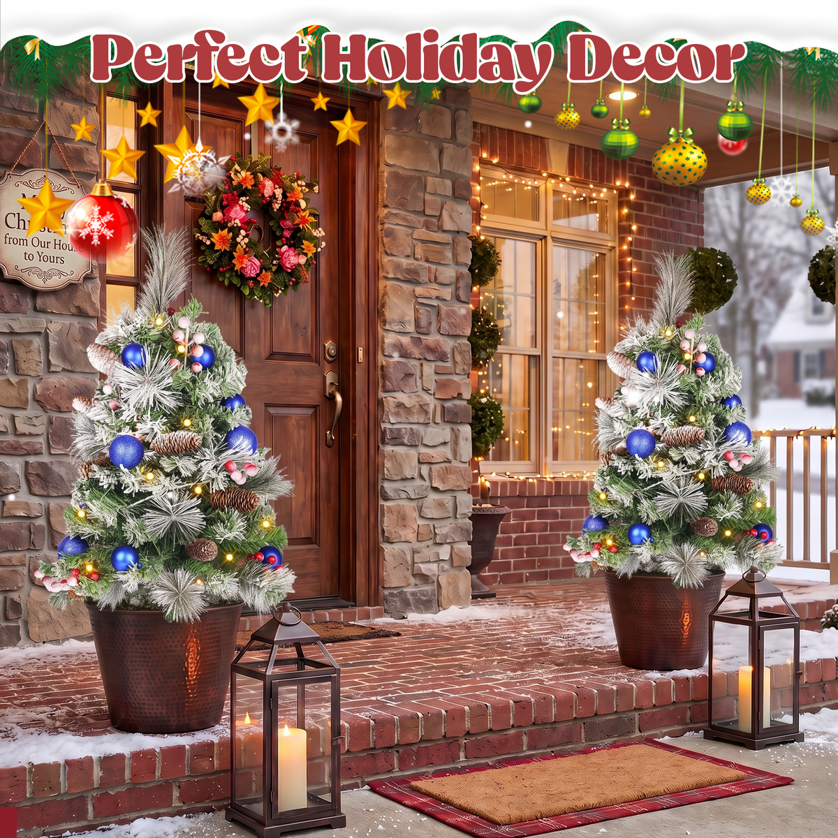 2 Pack 30 inch Prelit Outdoor Christmas Tree, Small Pre-Decorated Green Xmas Tree with Cones & Red Berries, 30 Warm Lights, Urn Filler Holiday Decor for Entrance Driveway, Yard, Garden