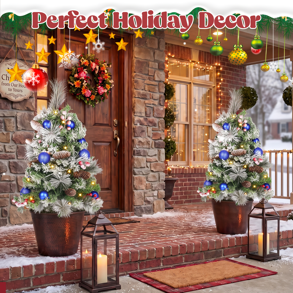 2 Pack 30 inch Prelit Outdoor Pathway Christmas Tree, Artificial Small Xmas Tree with Dual Color Berries & Balls, 30 Battery Operated Warm Lights for Holiday New Year Winter Patio Driveway Yard Lawn