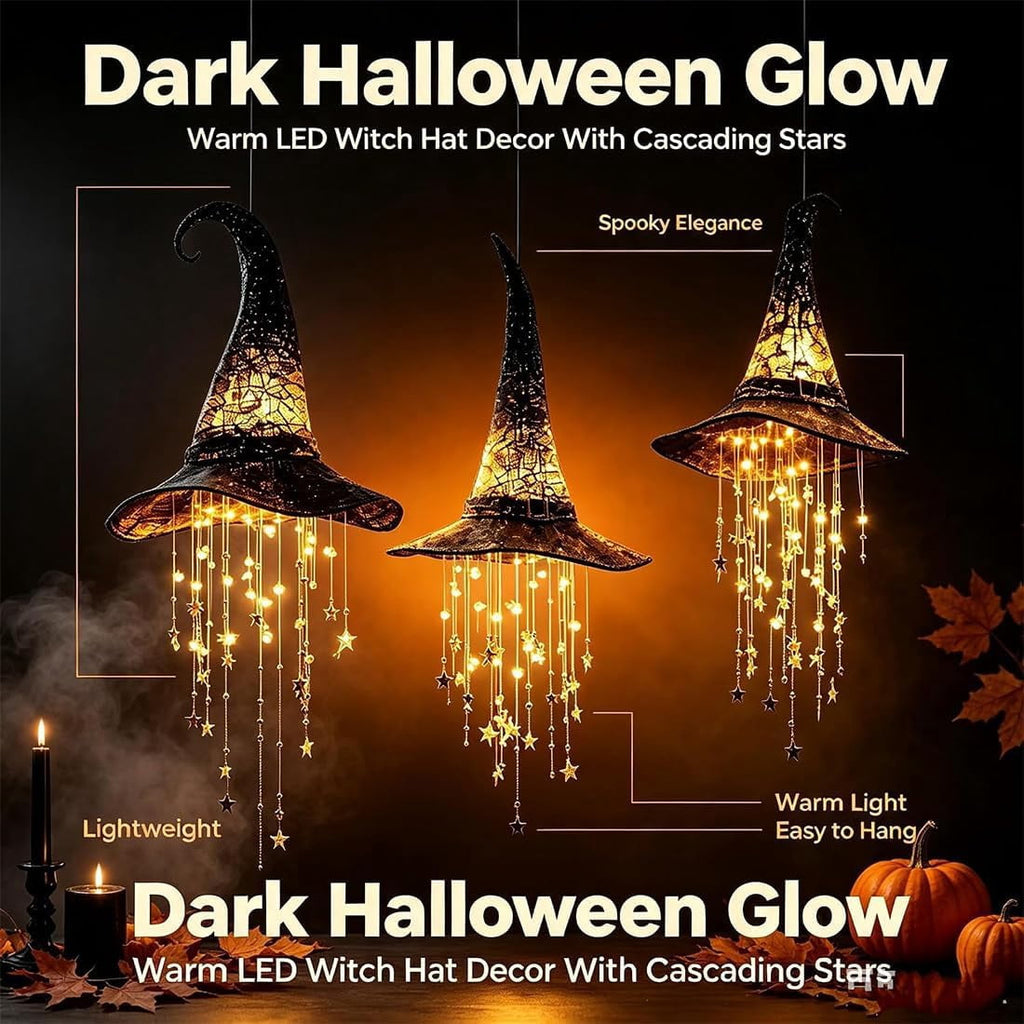 Hanging Witch Hats with Lights - Lighted Black Mesh Witch Hat Chime with Glowing Star Garland for Porch, Tree, Window