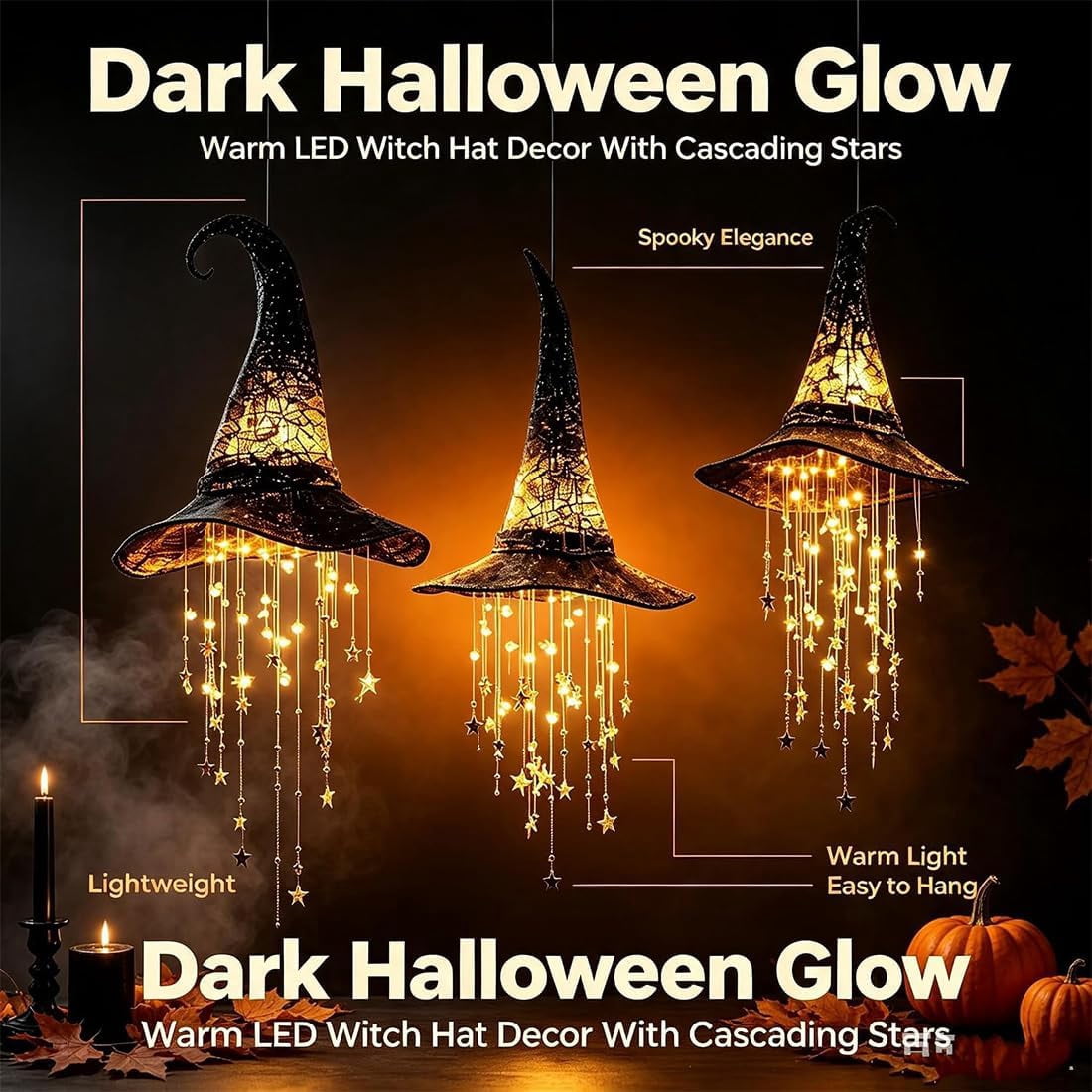 Hanging Witch Hats with Lights - Lighted Black Mesh Witch Hat Chime with Glowing Star Garland for Porch, Tree, Window