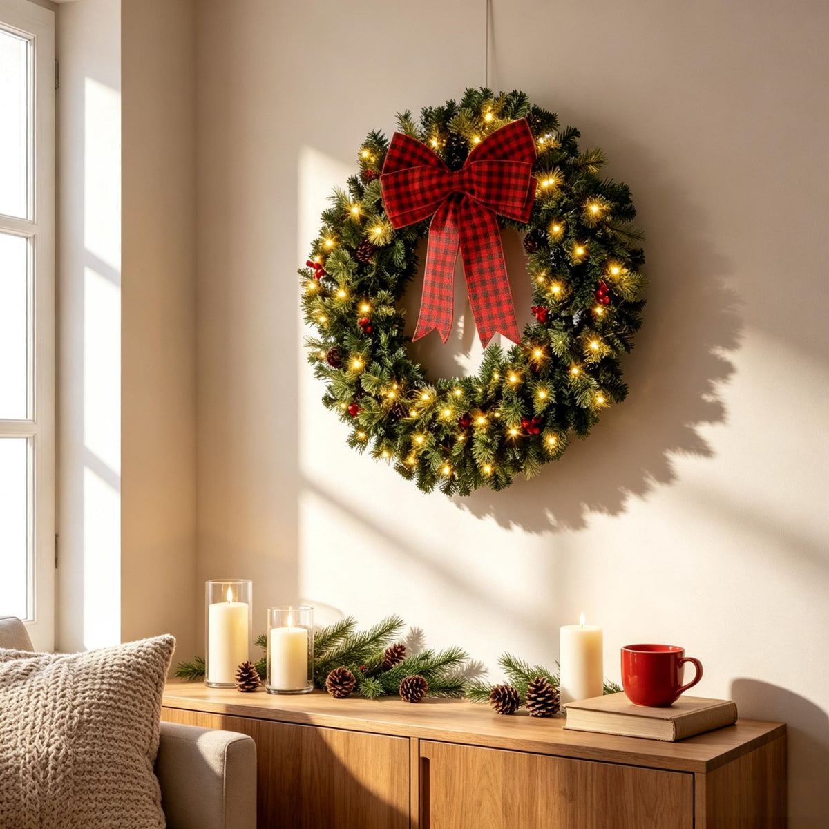 Pre-Lit Christmas Wreath with 100 Warm White LED Lights, 8 Lighting Modes, Berries, Pinecones, and Buffalo Plaid Bow, 36 in