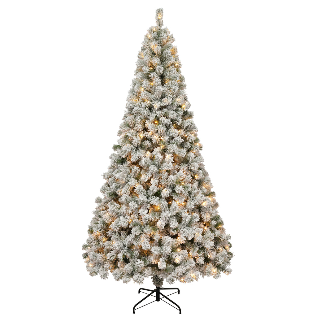 Yexmas 7.5ft Pre-Lit Snowflake Flocked Christmas Tree,8 Modes LED Lights,Artificial Xmas Tree with Storage Bag