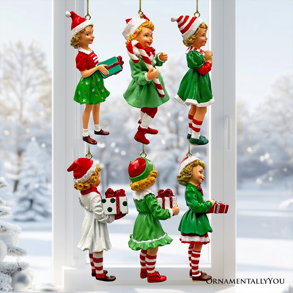 Nostalgic Victorian Christmas Girl Charming Set of 6 Ornaments, Vintage Old Fashioned Resin Holiday Decoration