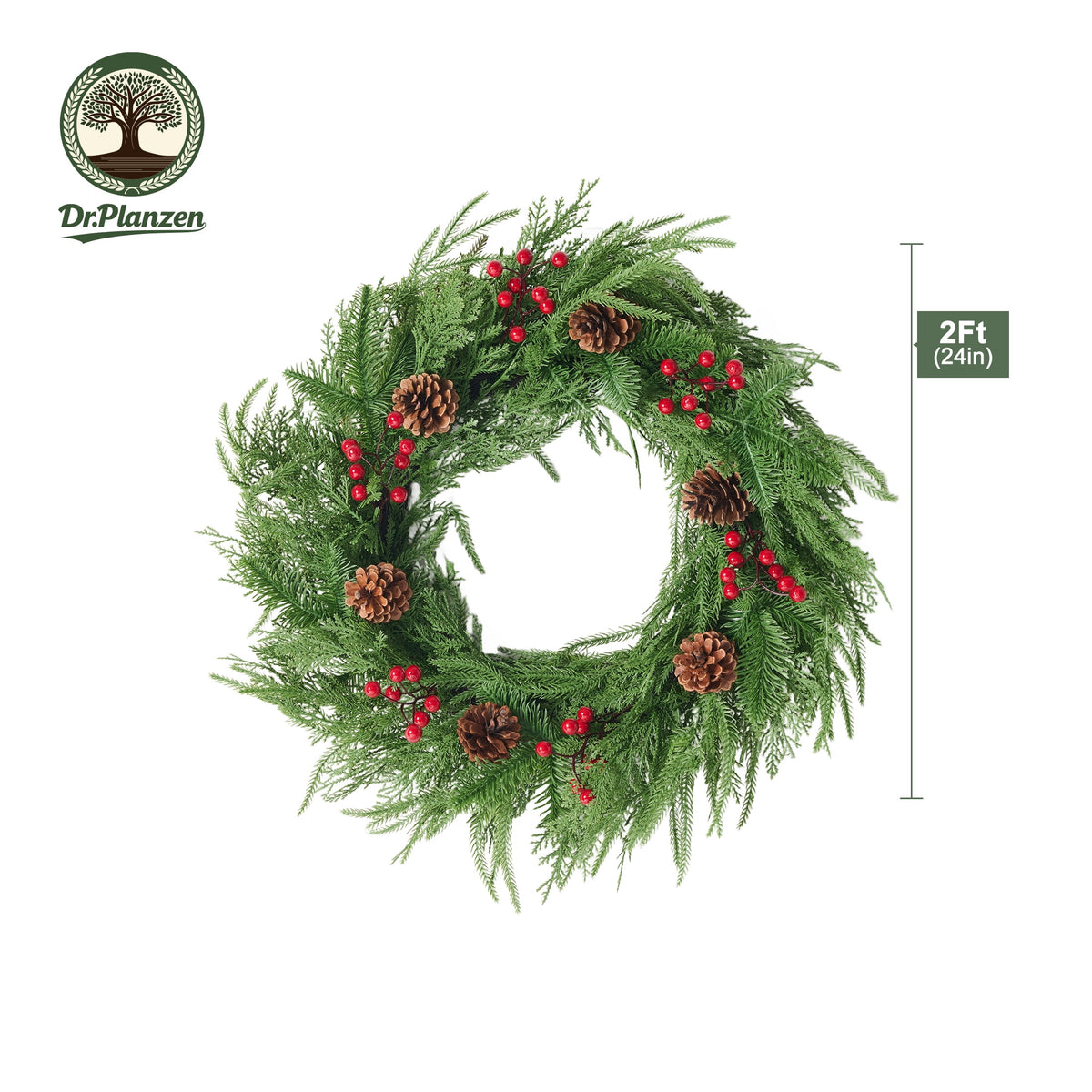 DR.Planzen 24" Pre-Lit Red Berry & Pinecone Christmas Wreath with 57 PE Branches, Realistic Norfolk Pine Garland Ring for Front Door & Indoor Wall Decor