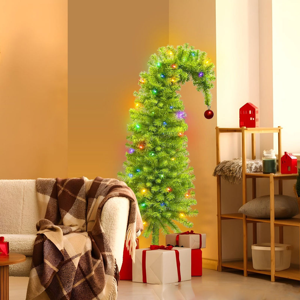 GoLucid 3ft Bent Top Greenery Christmas Tree with Multicolor LED Lights, 90cm High Density Green Curved Leaning Whimsical Xmas Tree for Indoor Holiday Decor