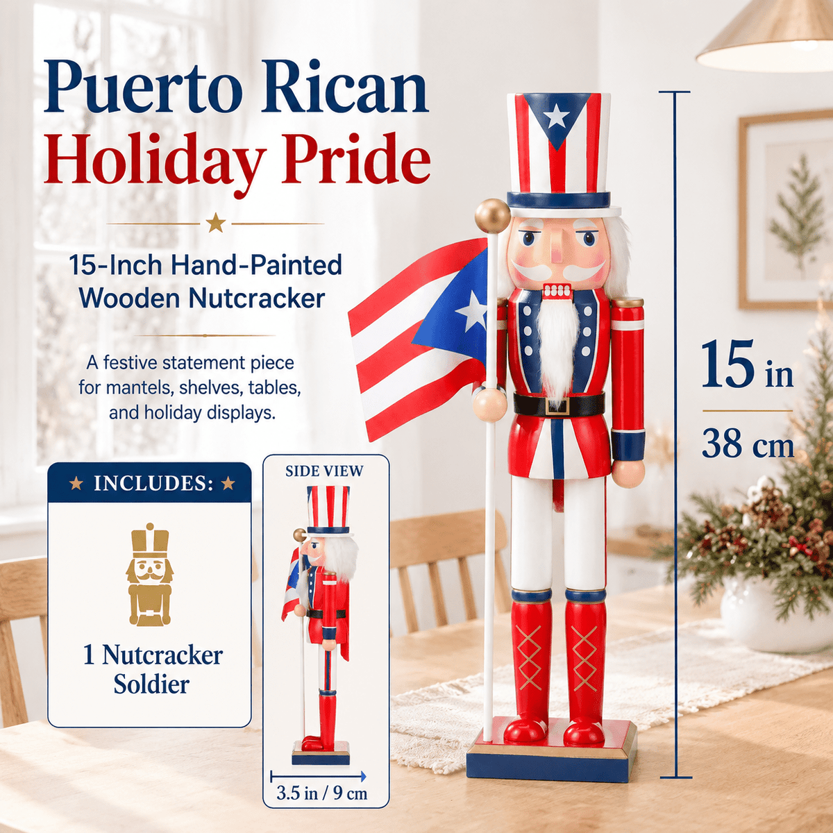 15 Inch Puerto Rico Flag Nutcracker Soldier Wood Christmas Decor