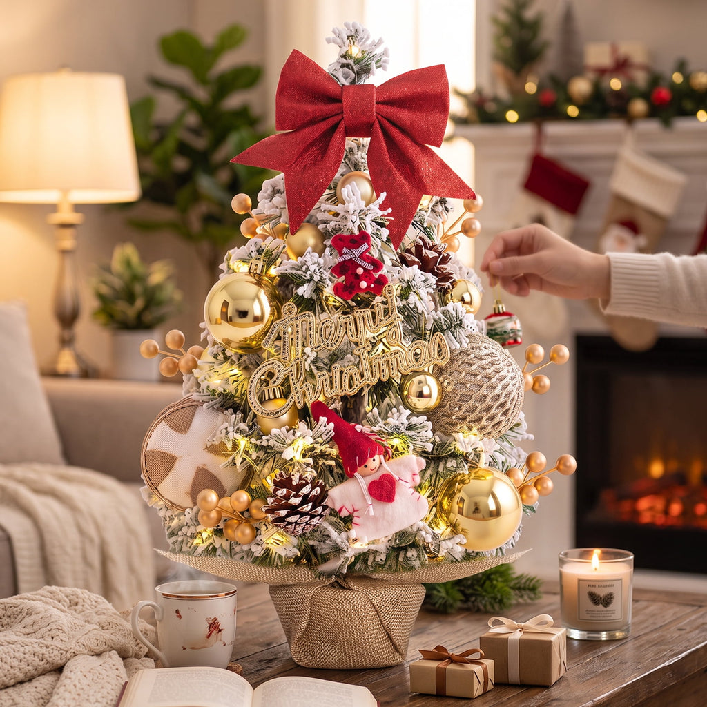 22" Mini Christmas Tree with 30 LEDs, Red Berries & Pinecones, DIY Kit, Battery Powered Tabletop Tree Christmas Decorations Gifts for Dorms, Offices, Home, Classrooms Desks & Small Spaces