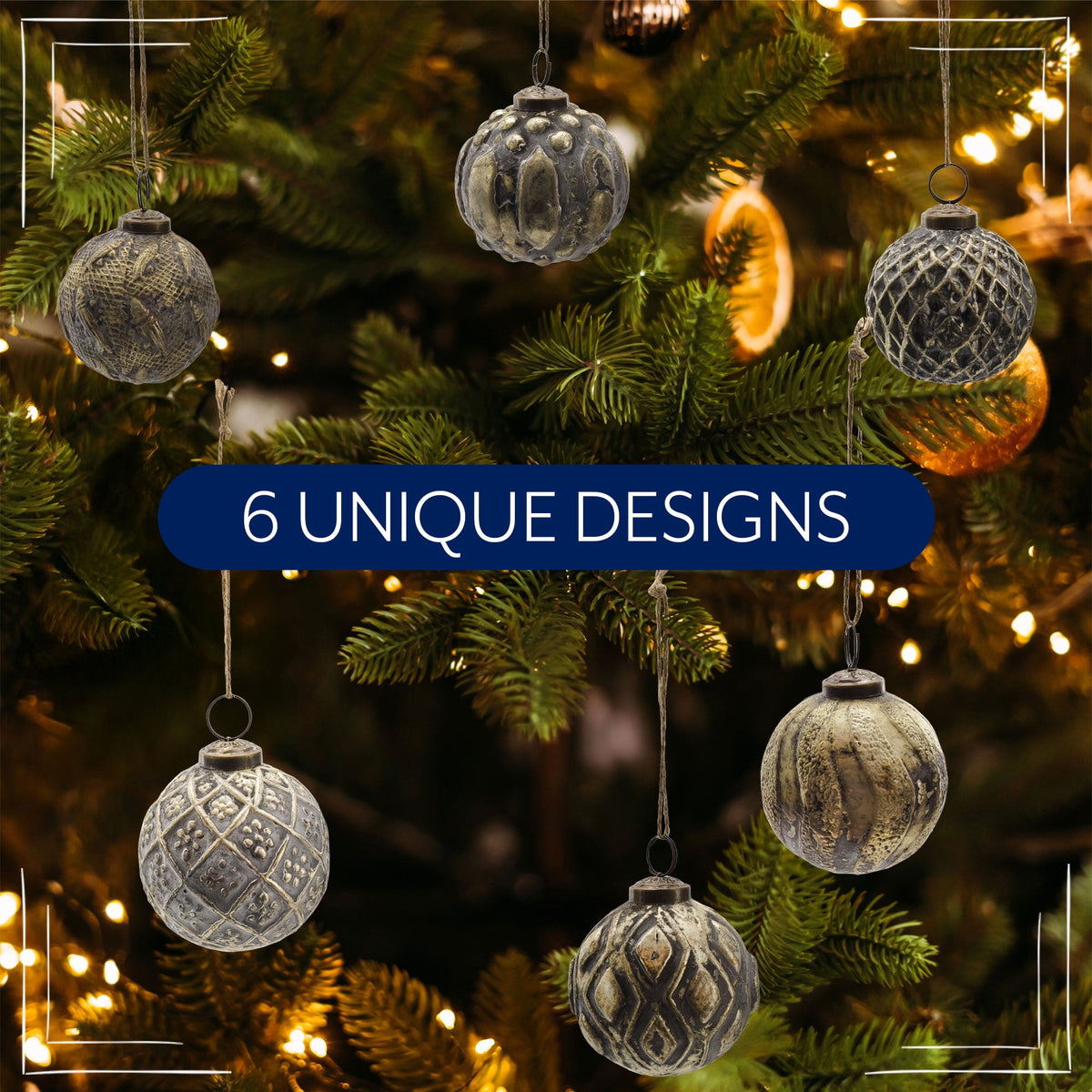 AuldHome Design Farmhouse Ball Ornaments (Set of 6, Gold/Silver); Distressed Metal Glass Ball Vintage Style Christmas Decorations