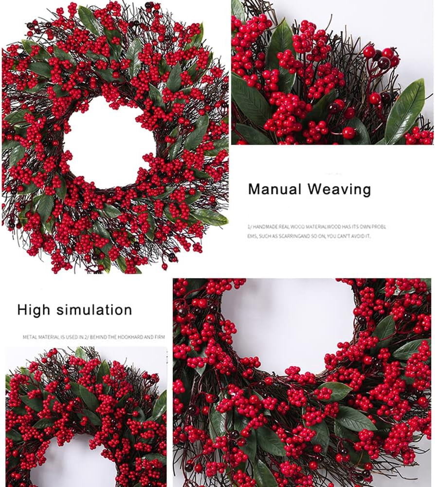 19 inches Christmas Wreaths Red Berry Wreath, Xmas Wreath with Berries for Front Door, Holly Winterberry Wreath for Home Christmas Wall Fireplace Window Party Holiday Decor
