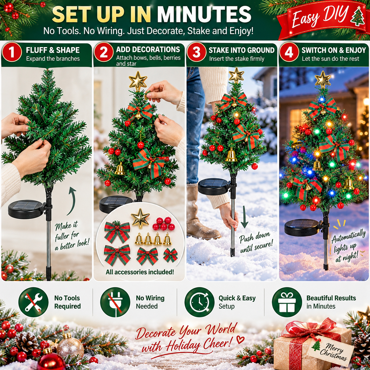2 Pack Solar Powered Christmas Tree Lights, Outdoor Holiday Decor with 40 Bright LEDs, Waterproof Xmas Garden Decorations for Pathway, Yard, Grave and Lawn
