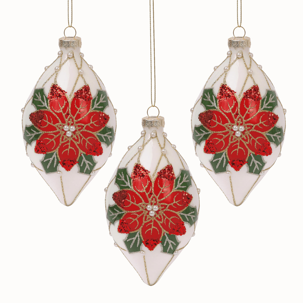 Poinsettia Pearl 4” Ball 6” Finial Glass Christmas Ornaments by Tinsel Traditions - Set of 6