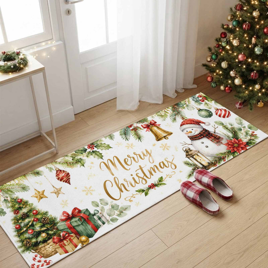 Large Area Rugs for Living Room Bedroom, Blue Merry Christmas 8'x10' Rug Washable Carpet Runner Indoor Outdoor, Xmas Tree Snowman Eucalyptus Wood Non Slip Floor Mats Rug for Kitchen, Patio