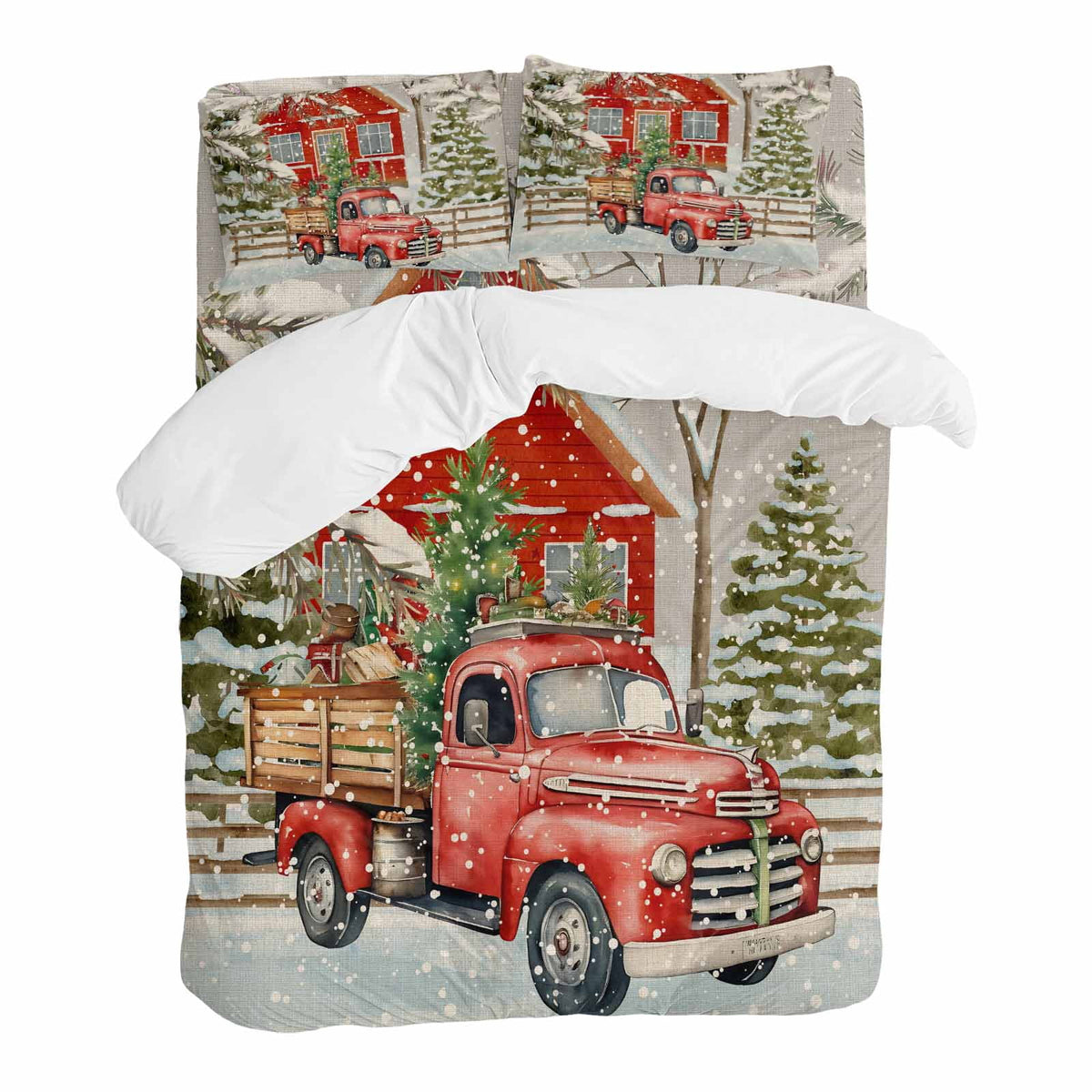 Merry Christmas Bedding Duvet Cover Set Full Size 4 Pieces Xmas Tree Red Truck Barn Snowflake Gray Bedding Set with Zipper Closure, 1 Comforter Cover 86x90 Inches 1 Flat Sheet & 2 Pillow Cases