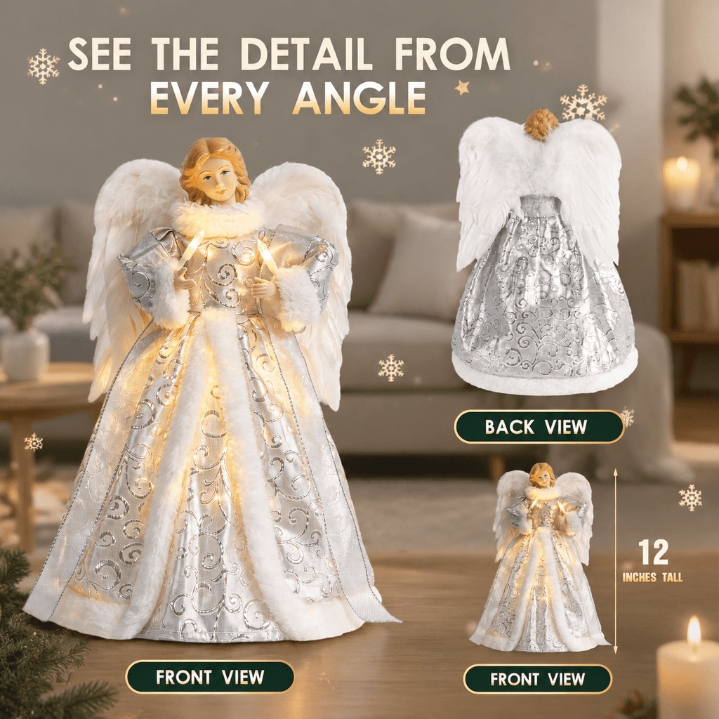 12 Inch Lighted Angel Christmas Tree Topper, Elegant Holiday Decor with Warm Lights