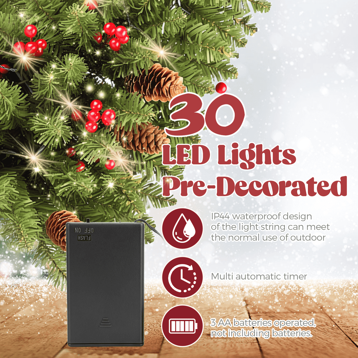 2 Pack 30 inch Prelit Outdoor Pathway Christmas Tree, Artificial Small Xmas Tree with Dual Color Berries & Balls, 30 Battery Operated Warm Lights for Holiday New Year Winter Patio Driveway Yard Lawn