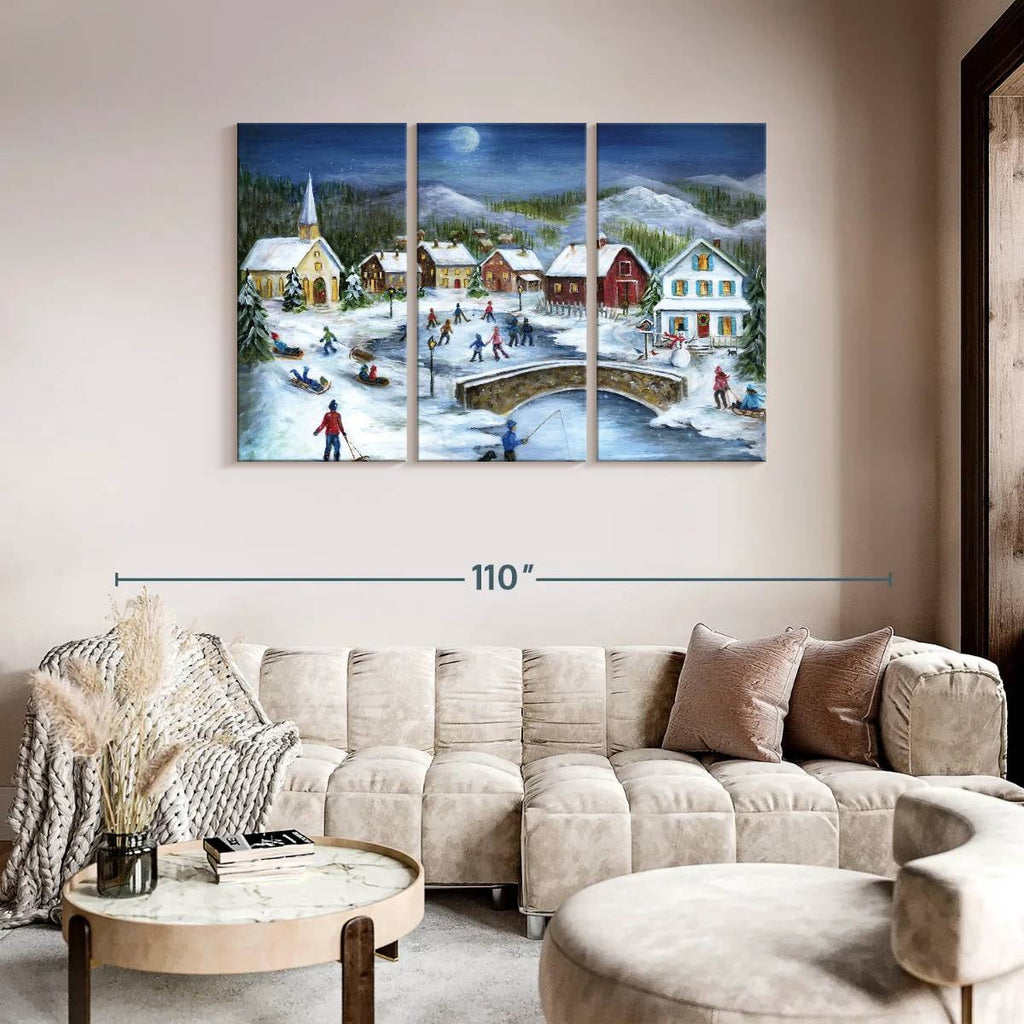 Elephant Stock Moonlit Skaters Wall Art - Horizontal Multi Panel Canvas - Living Room Wall Decor - Holiday Multi Panel - Blue And White Decor By Marilyn Dunlap - 74" x 48"