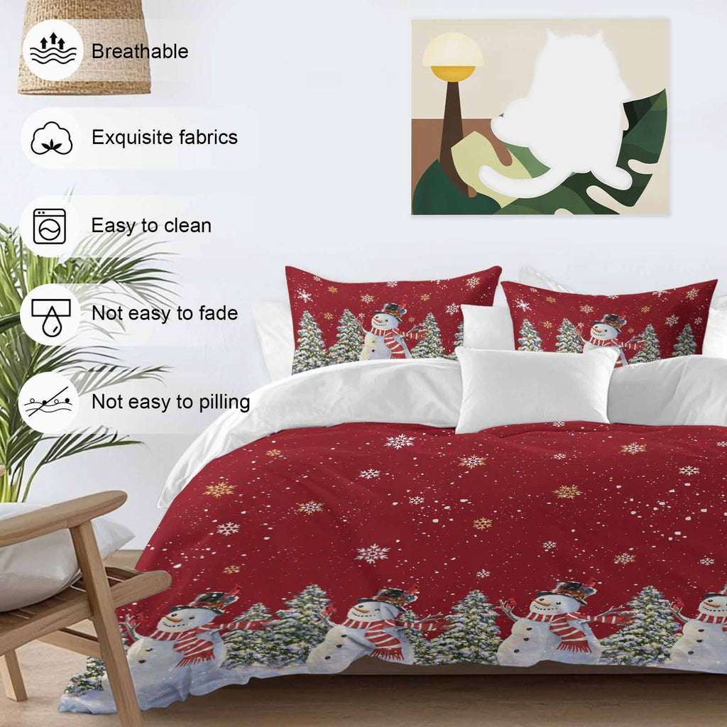Christmas Snowman Bedding Duvet Cover Set Queen Size 4 Pieces Winter Christmas Tree Snowflake Red Bedding Set with Zipper Closure, 1 Comforter Cover 90x90 Inches 1 Flat Sheet & 2 Pillow Cases