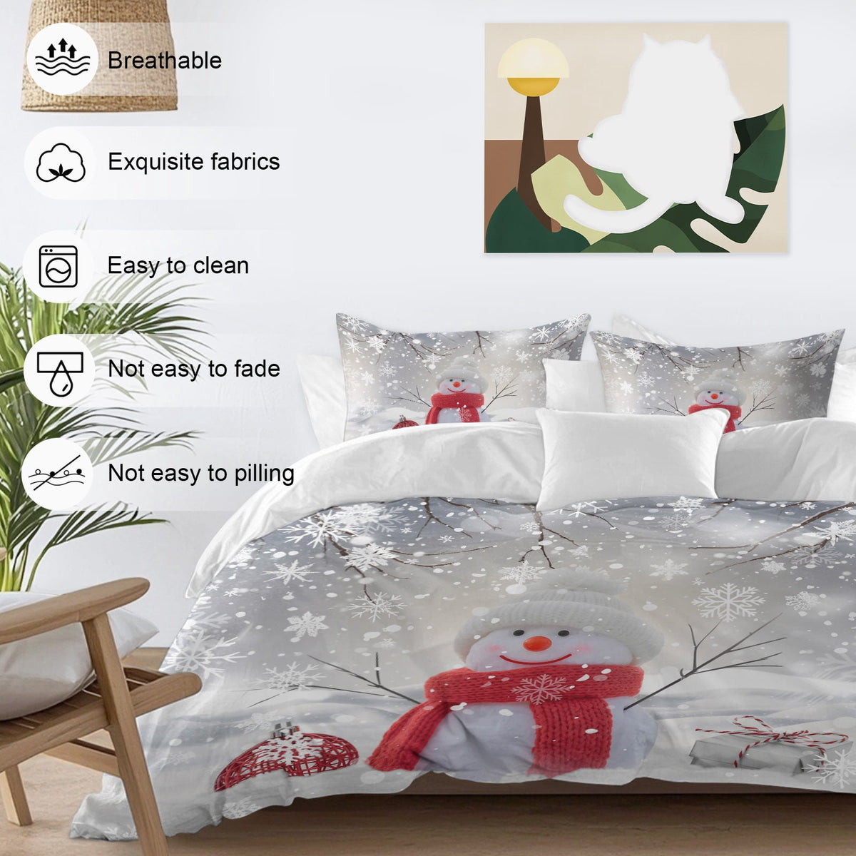 Christmas Duvet Cover Set Twin Size, Cute Red Snowman Pine Branches Winter Snowfall 4 Piece Soft Microfiber Bedding Set with 1 Duvet Cover, 1 Flat Sheet, 2 Pillowcases