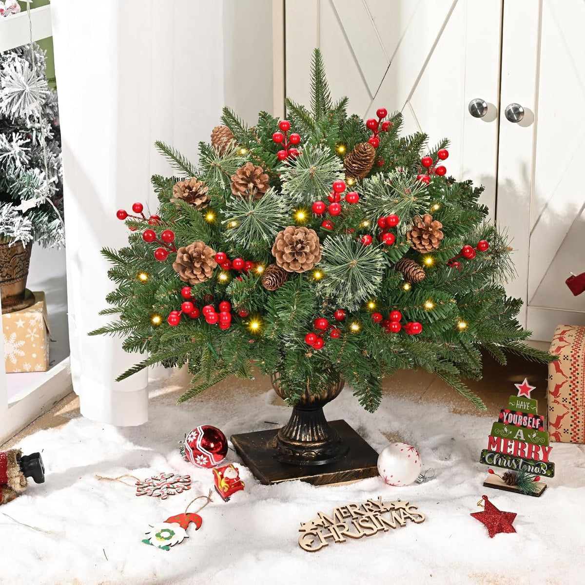 Ikfashoni 2 Pack Christmas Urn Filler, 26 in Pre-lit Outdoor Christmas Tree with Remote, Artificial Christmas Porch Pathway Decoration