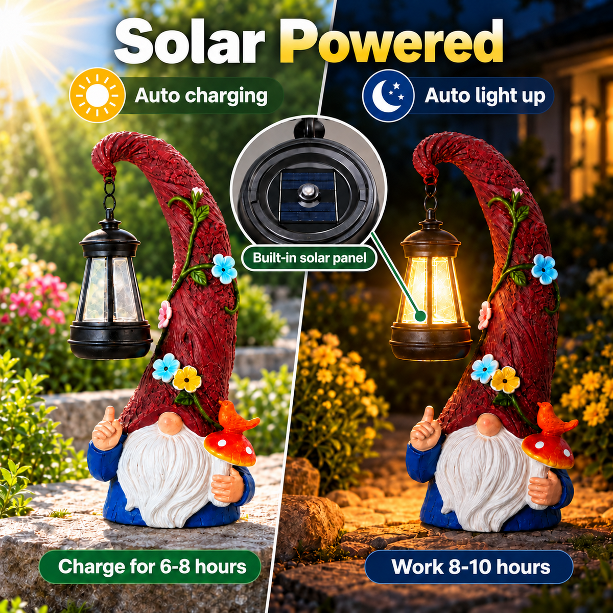 Volivo 13inch Garden Gnome Statue, Solar Powered Gnome Decor with LED Lantern, Waterproof for Patio Garden Pathway