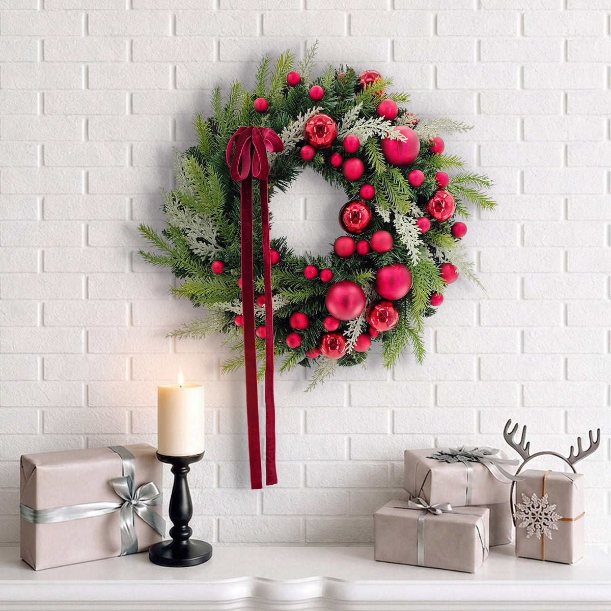 Evergreen Christmas Wreath with Ball Ornaments and Bow, Red and Green, 22", by Holiday Time