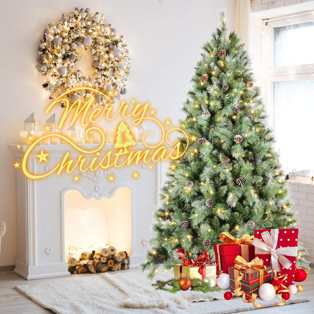 Acpouw 6FT Christmas Tree with 300 Warm White LED Lights – 988 PVC & Hard Needle Tips, 66 Pine Cones, Hinged Branch Design, Sturdy Metal Stand – Full Realistic Holiday Tree