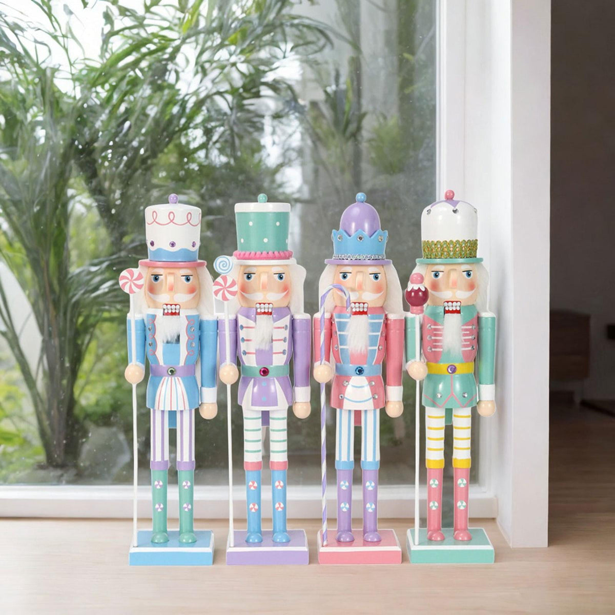 4 Pieces Christmas Nutcracker Ornaments Wooden Nutcracker Doll Decorative Statues Puppet for Shelves Home Decor Festival Xmas Gifts Holiday M
