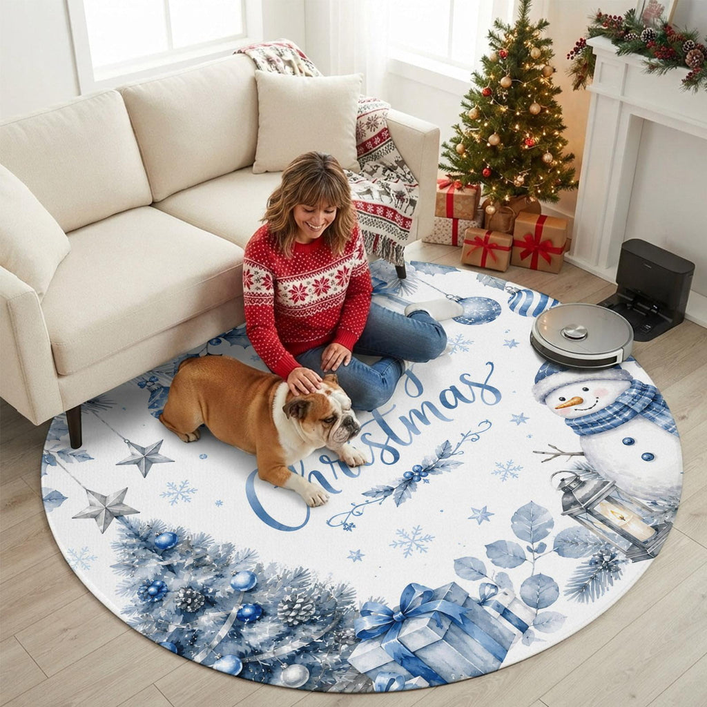 Large Area Rugs for Living Room Bedroom, Blue Merry Christmas 8'x10' Rug Washable Carpet Runner Indoor Outdoor, Xmas Tree Snowman Eucalyptus Wood Non Slip Floor Mats Rug for Kitchen, Patio