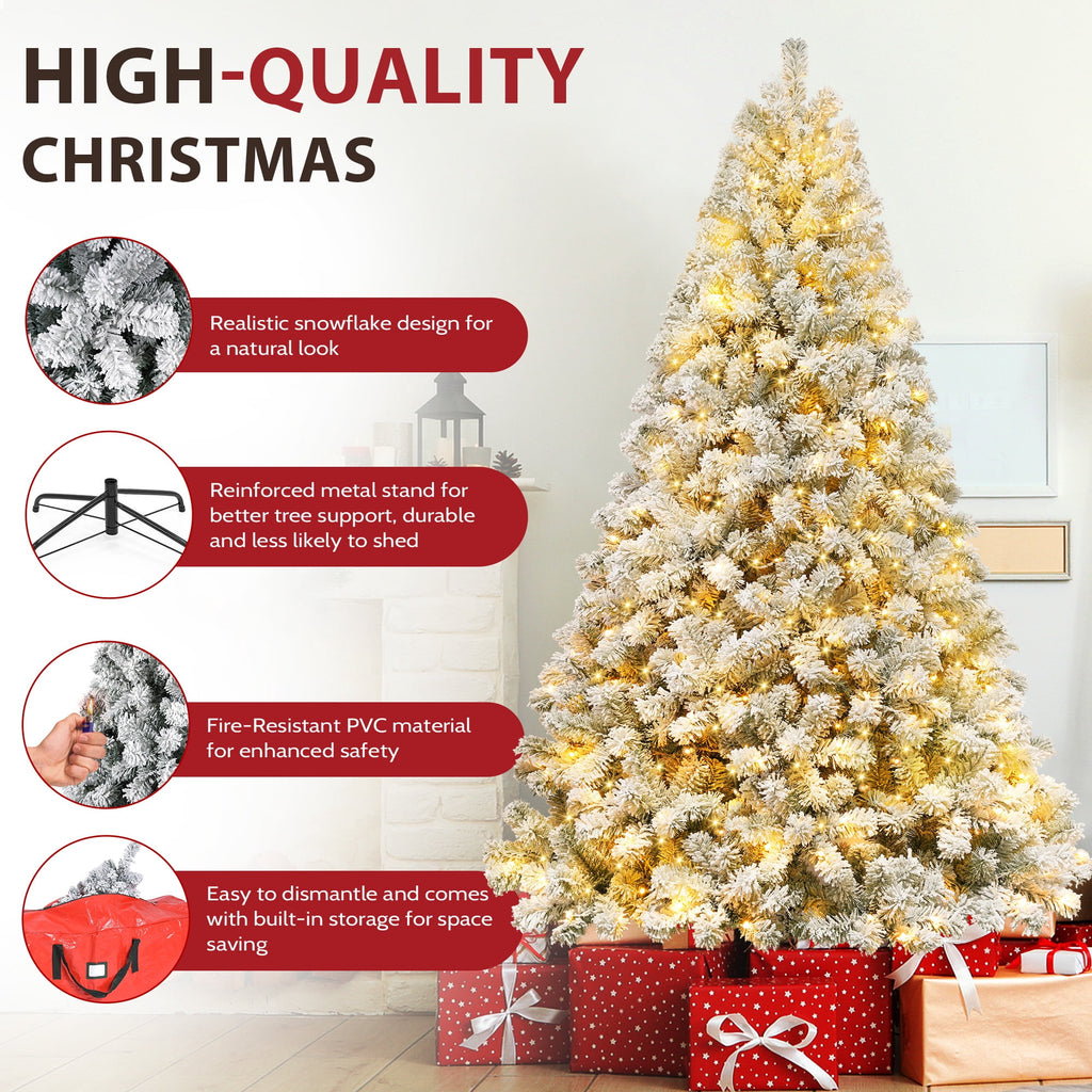 Yexmas 7.5ft Pre-Lit Snowflake Flocked Christmas Tree,8 Modes LED Lights,Artificial Xmas Tree with Storage Bag
