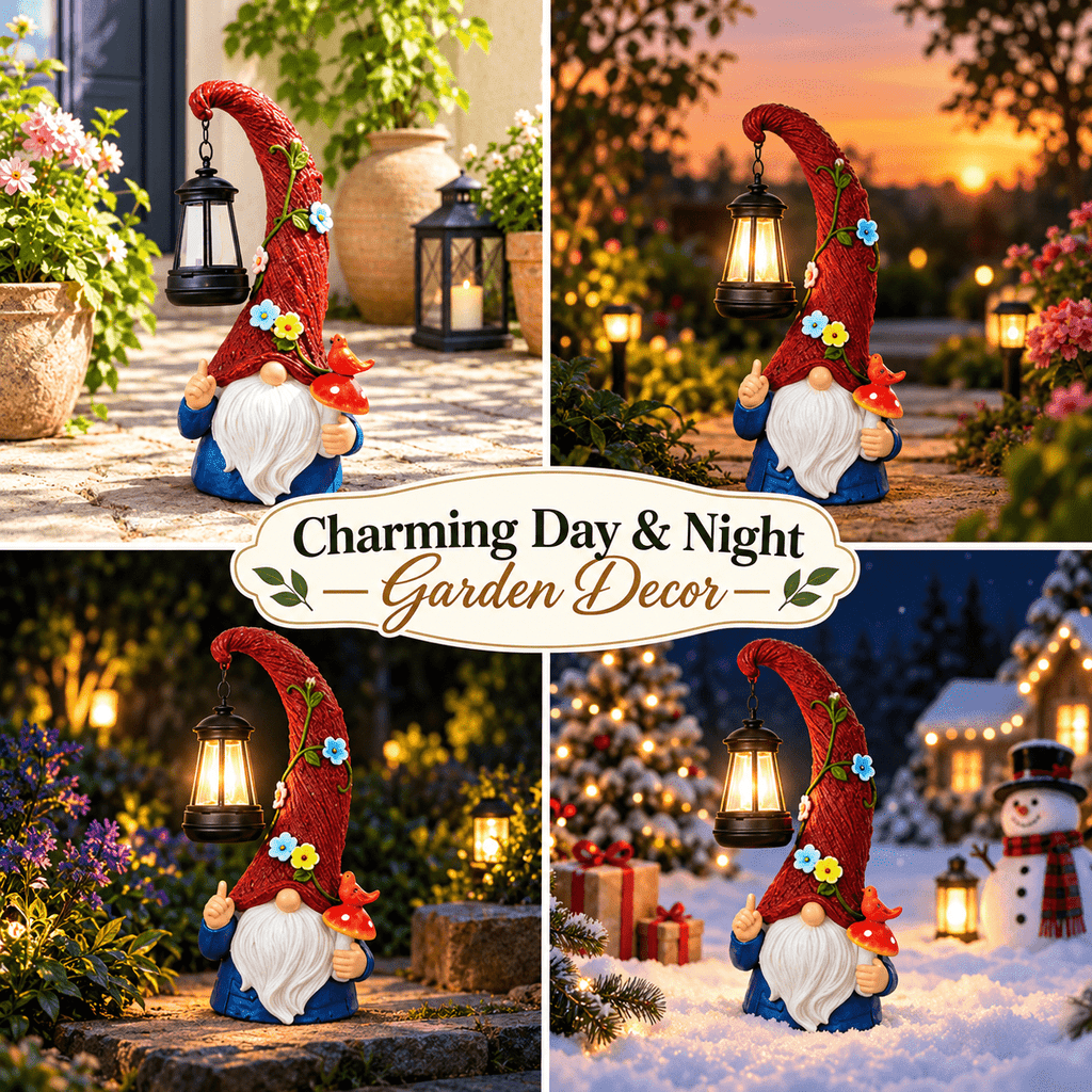 Volivo 13inch Garden Gnome Statue, Solar Powered Gnome Decor with LED Lantern, Waterproof for Patio Garden Pathway