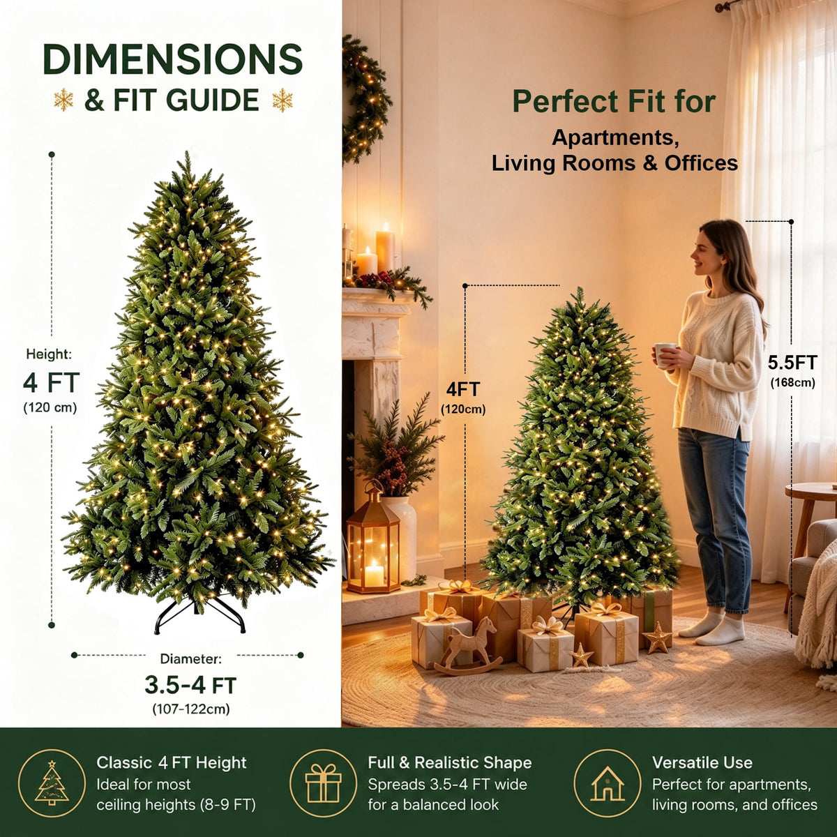 4ft Pre-Lit Artificial Christmas Trees, Green Xmas Tree with Realistic 200 Branch Tips & 150 Warm White LED Lights Premium Holiday Pine Tree for Festival Home, Office Decor, Indoor