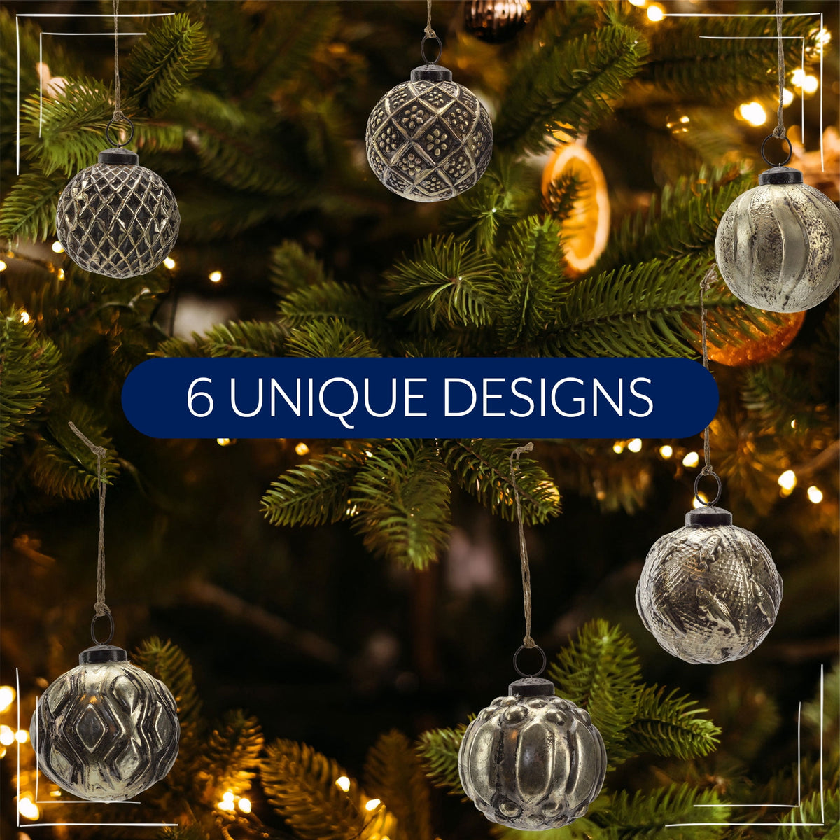 AuldHome Design Farmhouse Ball Ornaments (Set of 6, Gold/Silver); Distressed Metal Glass Ball Vintage Style Christmas Decorations