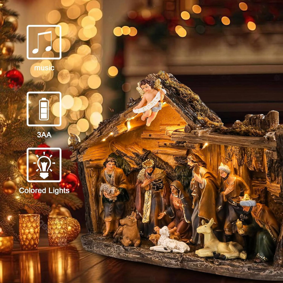 12.5 INCH Wonder Garden Christmas Nativity Set Figurine - Nativity Scene Statue with Moss Stable Village Music Decor