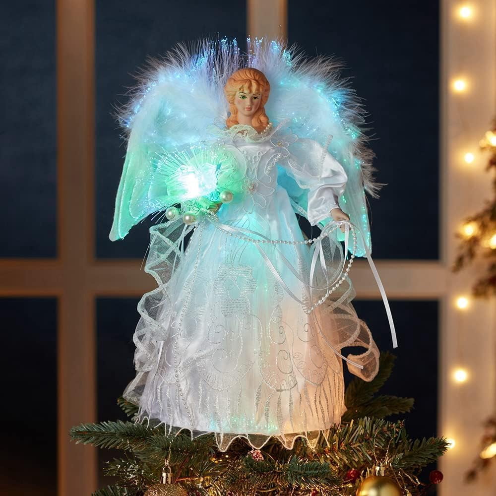KSA 12" Lighted LED Fiber Optic White and Silver Angel Christmas Tree Topper
