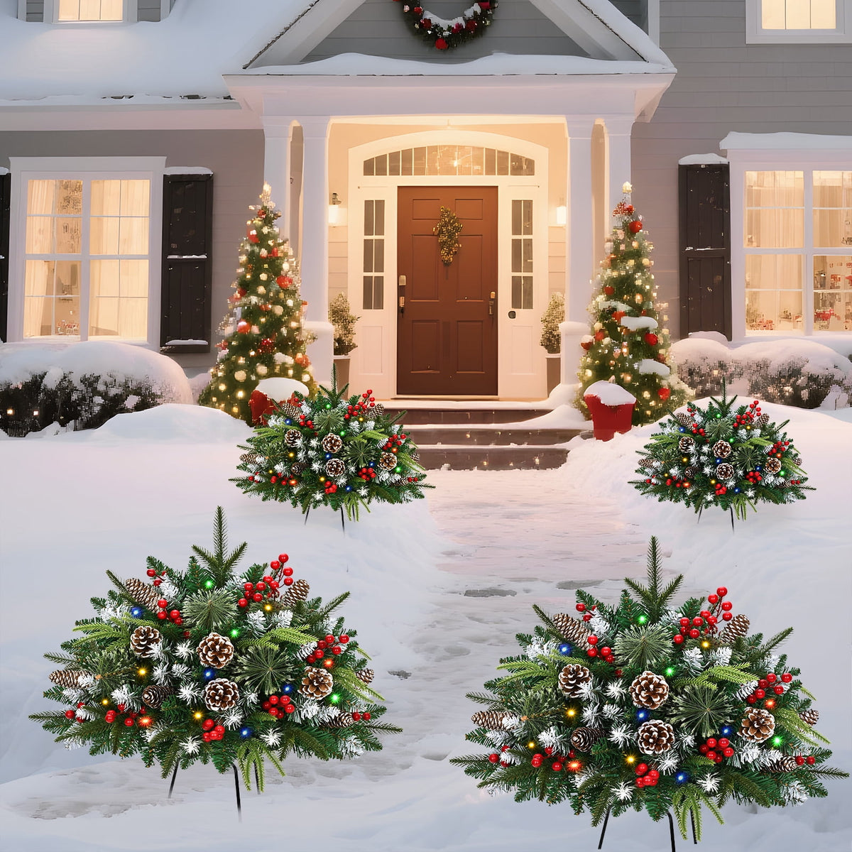 Ikfashoni 2 Pack Christmas Urn Filler, 26 in Pre-lit Outdoor Christmas Tree with Remote, Artificial Christmas Porch Pathway Decoration