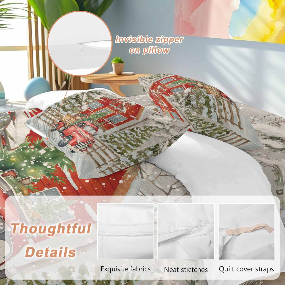 Merry Christmas Bedding Duvet Cover Set Full Size 4 Pieces Xmas Tree Red Truck Barn Snowflake Gray Bedding Set with Zipper Closure, 1 Comforter Cover 86x90 Inches 1 Flat Sheet & 2 Pillow Cases